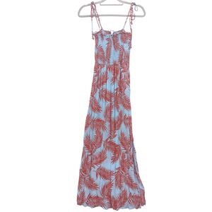 Miley + Molly Blue Orange Palm Leaf Print Smocked Maxi Dress Medium Tie Shoulder